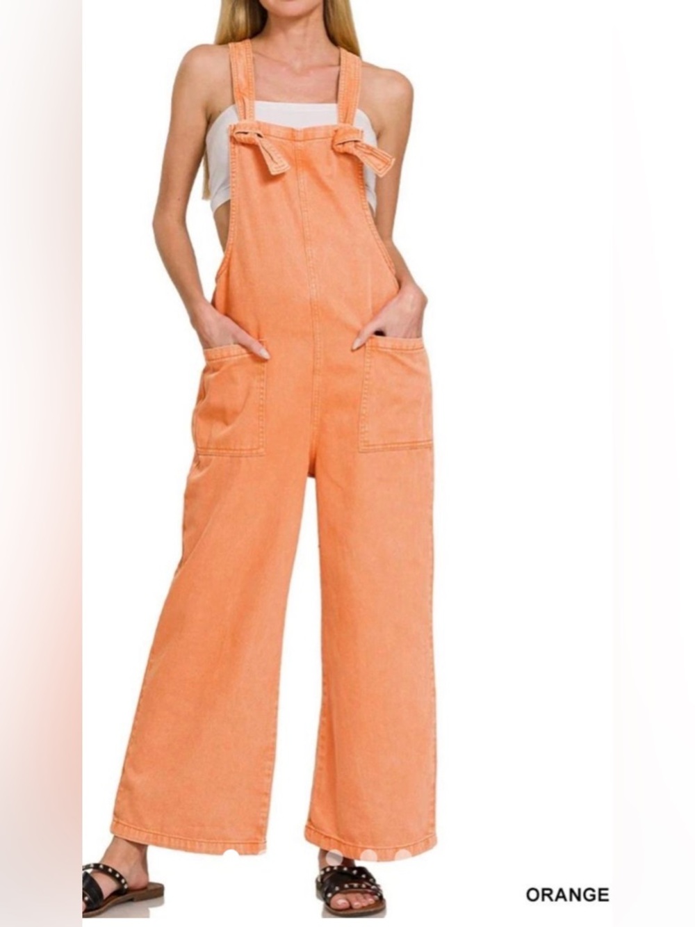 Zenana Orange Wide-Leg Knot Tie Denim Overalls